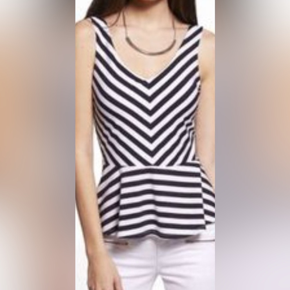 Express Top Black & White Stripe Sleeveless V Neck & Back Peplum Waist M👍